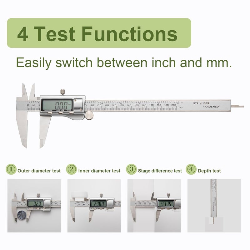 SCITOOLS All-Metal Digital Caliper 0-8" Measuring Tool, Micrometer Caliper with Auto-Off Feature, Interchangeable Between inches and millimeters for DIY/Household and 3D Printing - Image 3